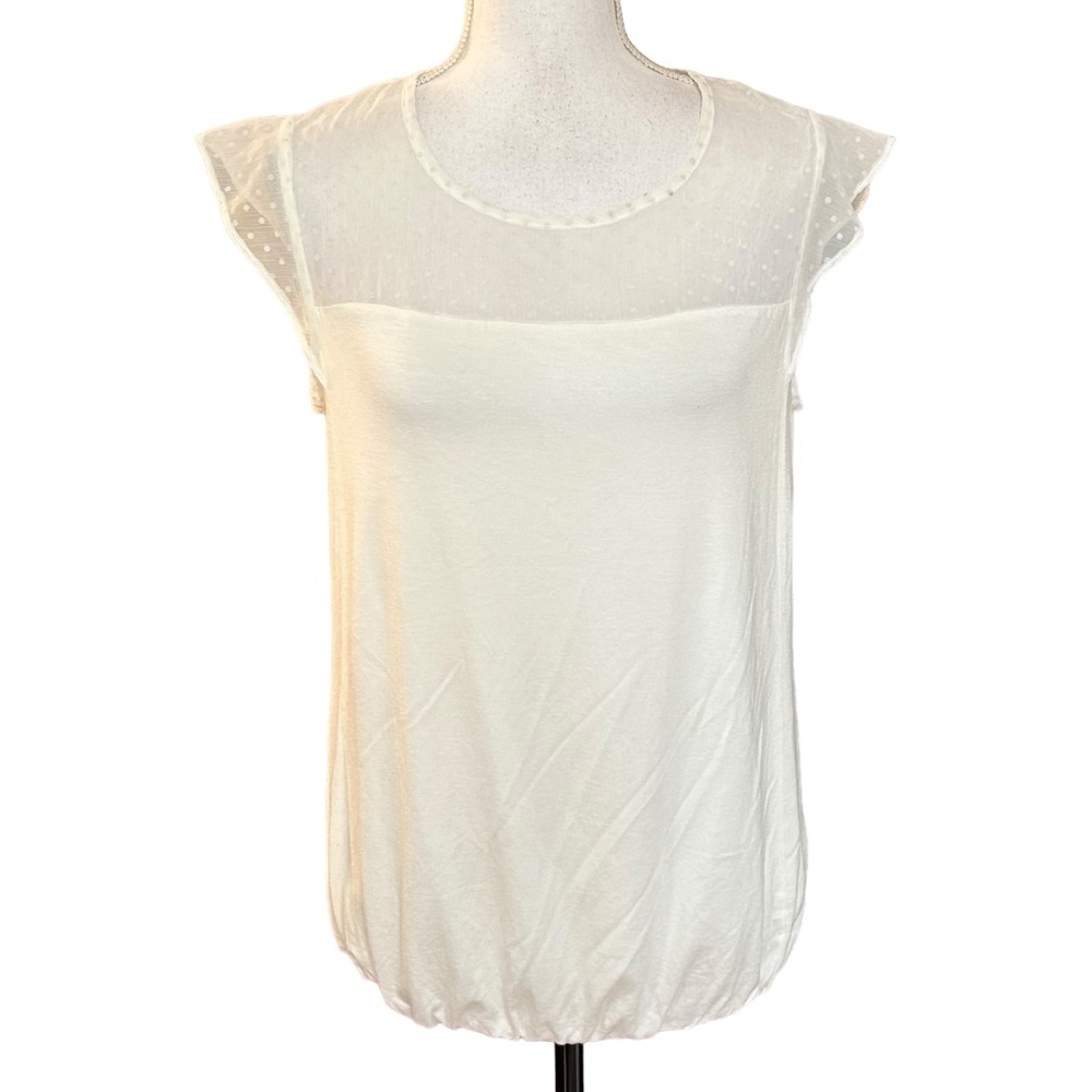 Fred David Swiss Dot Balloon Hem Top Women SZ Medium Solid Cream Pretty Boho